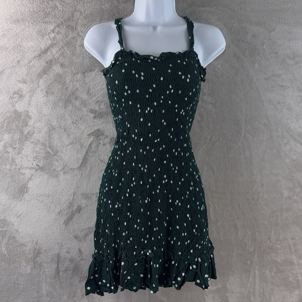 FAITHFULL THE BRAND‎ Del Mar Dress Womens Size 2 Green Smocked Polka Dot Mini